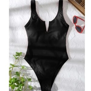 Black One Piece V-neck Swimsuit